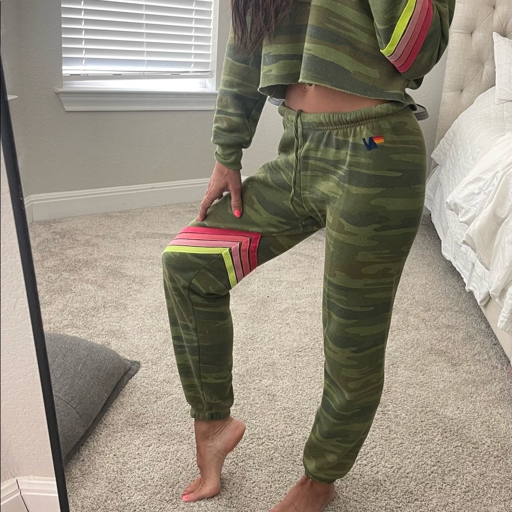Aviator Nation Green Camo Track Pants and Top with Pink and Yellow Stripes - Picture 2 of 6